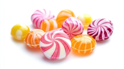 Colorful assorted candies on a white background showcasing vibrant swirls and textures perfect for sweet-related themes and promotions.