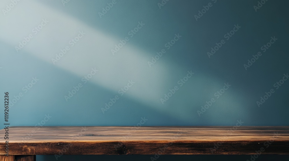 Poster Wooden table against a serene blue gray backdrop creating a calming atmosphere for presentations and advertisements