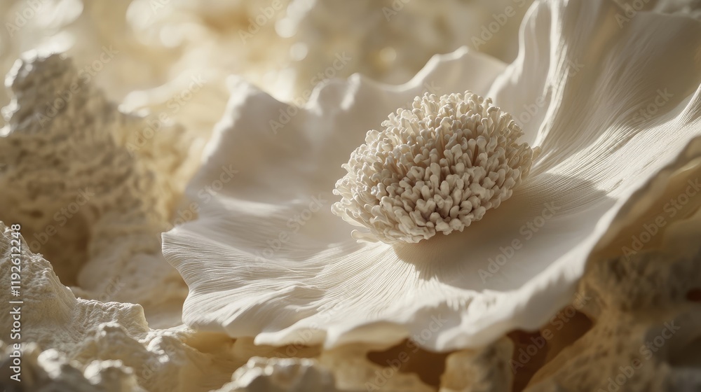 Poster delicate close-up of a textured white flower sculpture against a soft neutral background in a studio