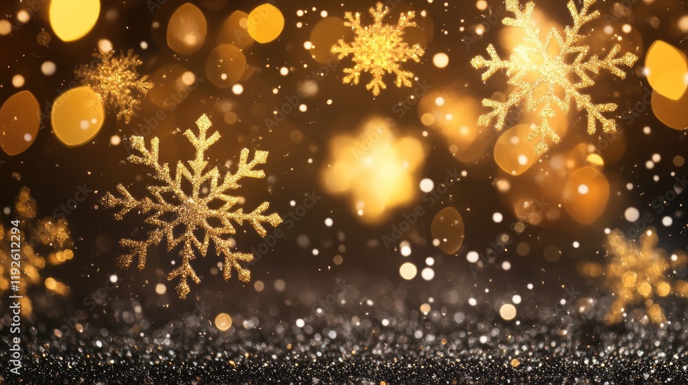 Poster golden snowflakes glistening on a dark background surrounded by festive bokeh lights creating a magi