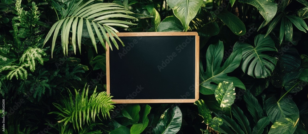 Poster black chalkboard framed by vibrant greenery in a lush botanical setting perfect for text overlay or 