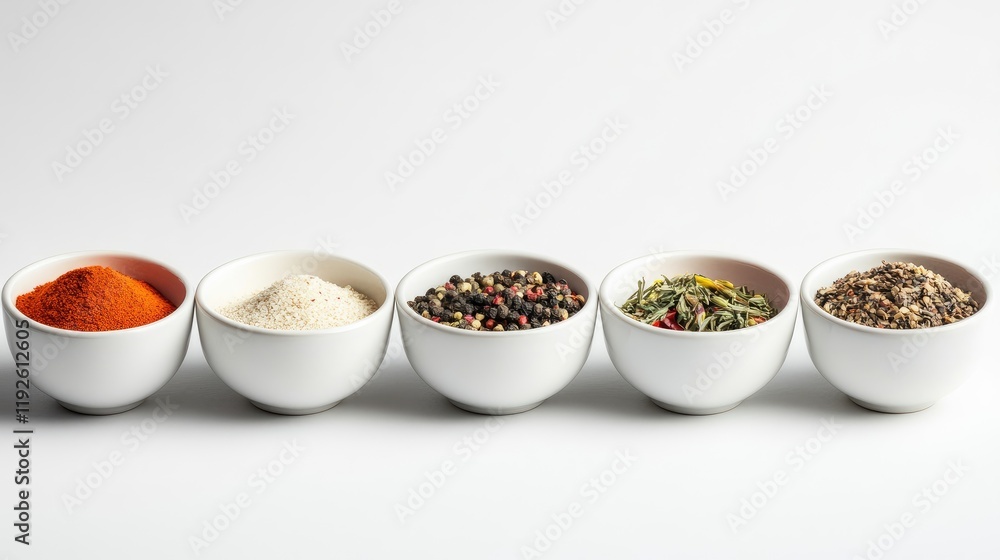 Poster bowls of colorful spices and condiments on white background with empty space for custom text and des