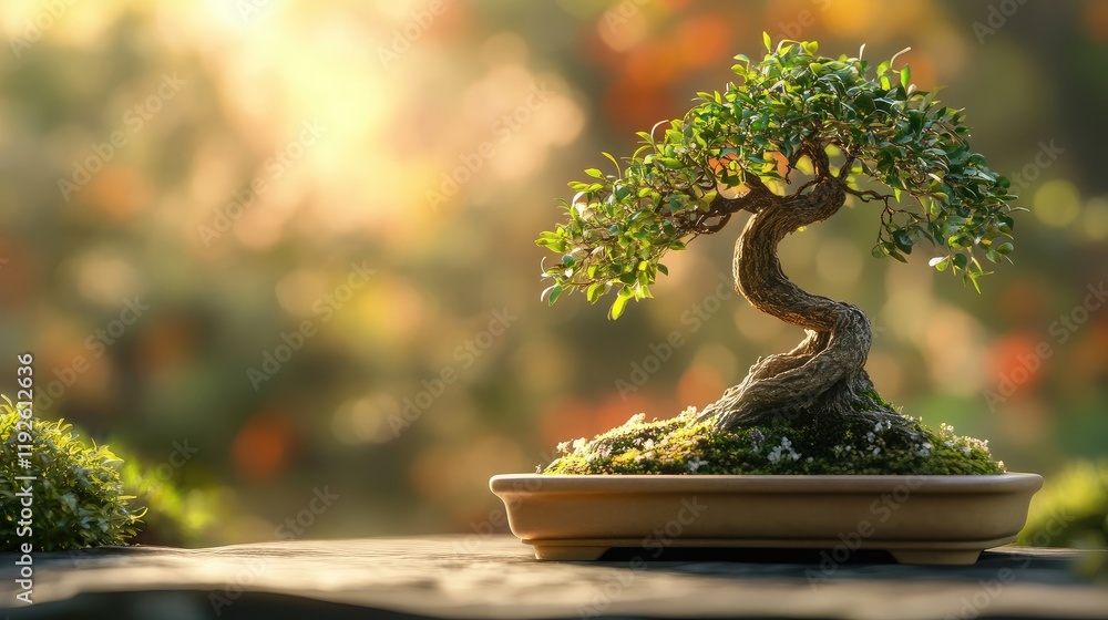 Aufkleber Serene bonsai tree in a tranquil setting with soft sunlight illuminating its delicate leaves and intricate trunk design.