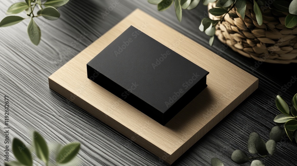 Poster Elegant black business card mockup displayed on a wooden surface surrounded by greenery for professional branding and design presentations