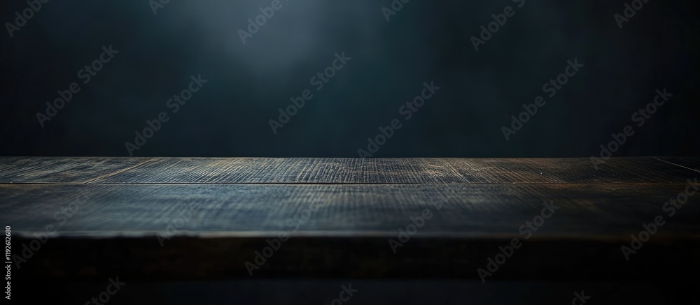 Poster dark wooden table close up with empty space for text and dramatic lighting ideal for product display
