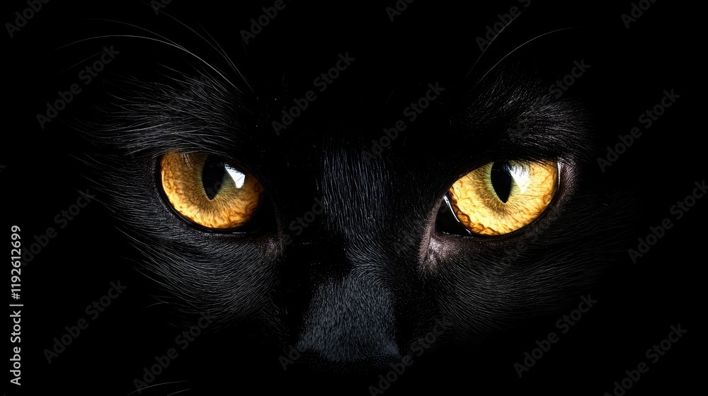 Poster captivating black cat with striking yellow eyes against a dark background ideal for text placement a