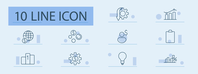 Business growth set icon. Coins, bar graph, lightbulb, gears, podium, globe, strategy, analytics, profit, clipboard