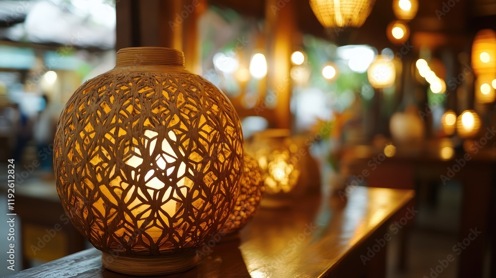 Poster elegant wooden table adorned with intricate lamps creating a warm and inviting atmosphere in a cozy 