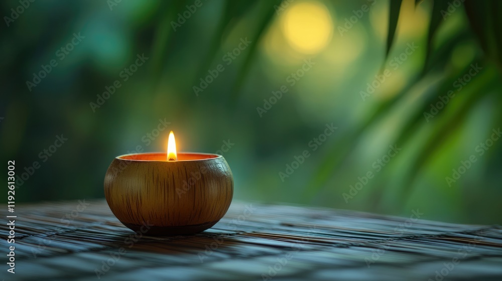 Aufkleber bamboo oil lamp glowing softly in nature setting creating a serene and peaceful ambiance for relaxat