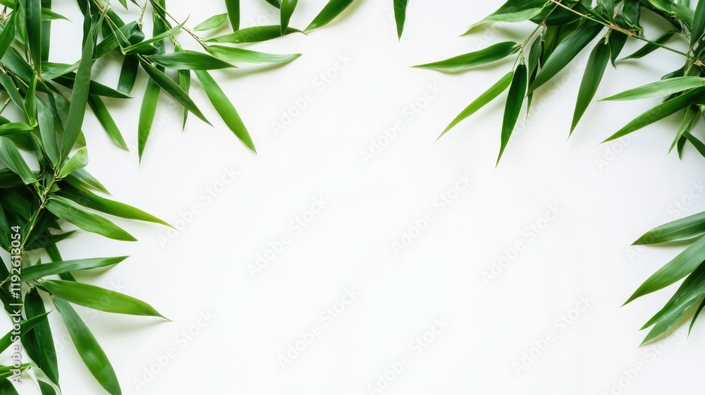 Poster Bamboo leaves arranged on a white background creating a natural frame with ample space for text or design elements