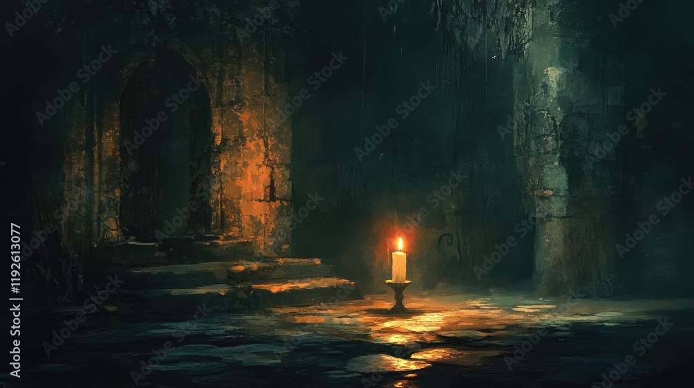 Poster mysterious candle illuminating ancient stone chamber with shadows and texture in dark atmospheric se