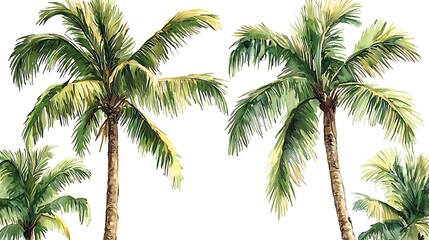 Obraz premium Watercolor Painting of Lush Tropical Palm Trees Against a White Background.