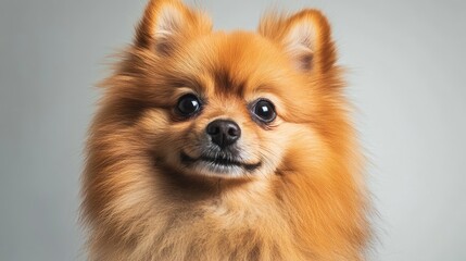 Obraz premium Detailed close-up portrait of a Pomeranian dog showcasing its expressive eyes and fluffy fur in a professional studio setting