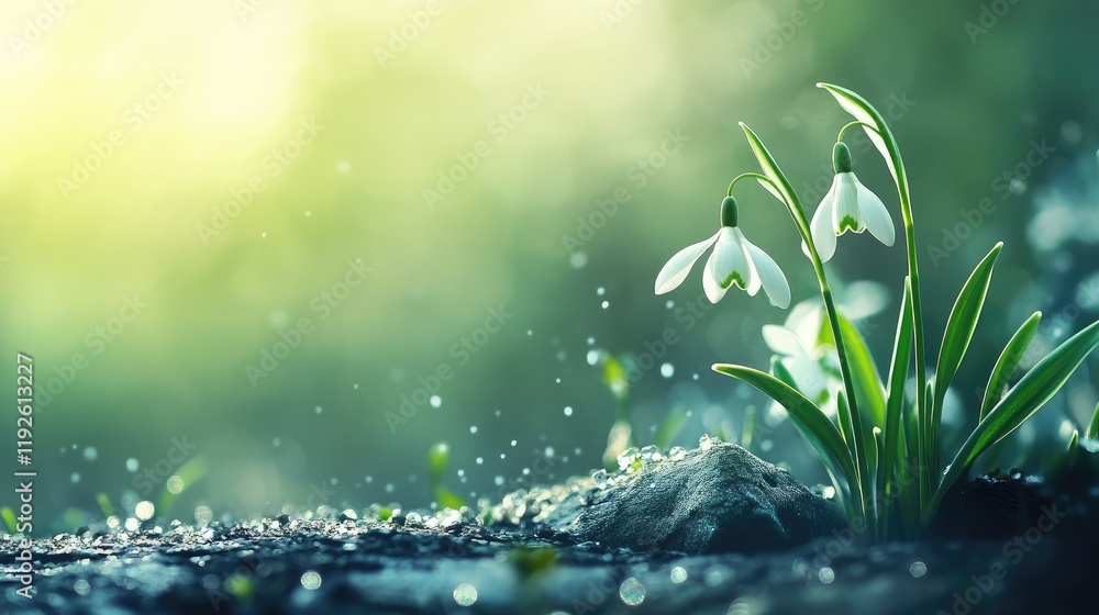 Poster Spring Snowdrop Flowers with Dew Drops and Selective Focus in a Lush Green Background for Nature and Floral Themes