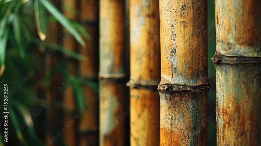 Poster aged and weathered bamboo stalks showcasing rustic charm in a natural setting
