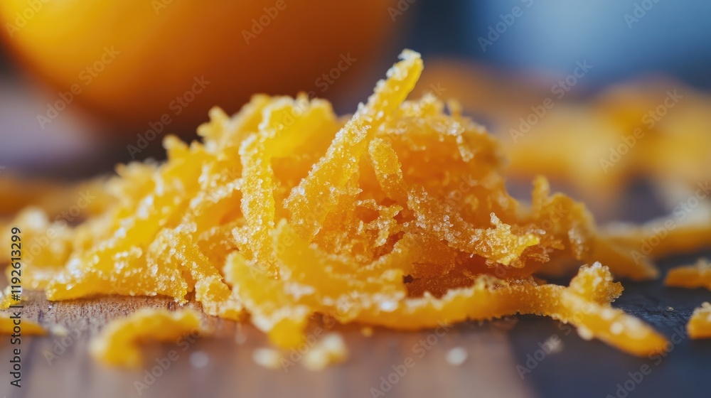Poster candied orange zest close up on a wooden surface with fresh oranges in the background creating a vib