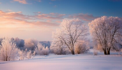Generated image A snowy February landscape with frost-covered trees under a soft pastel sky