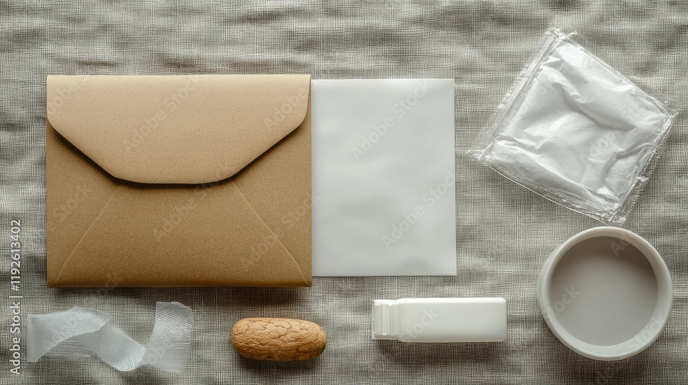 Poster cardboard envelope and packaging supplies arranged on linen background with empty space for text in 