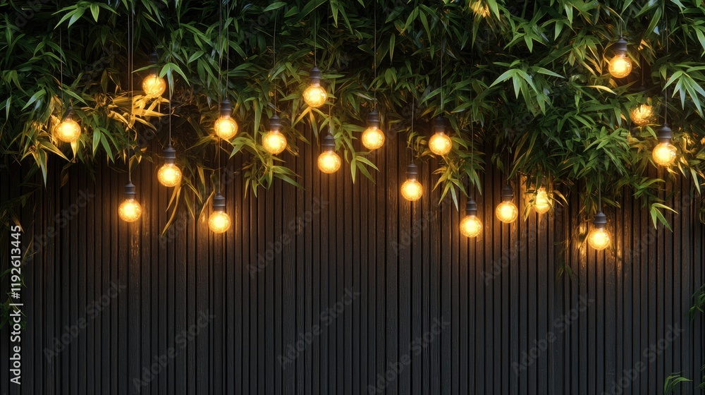 Poster Bamboo greenery with warm string lights creating a serene atmosphere on a textured dark background