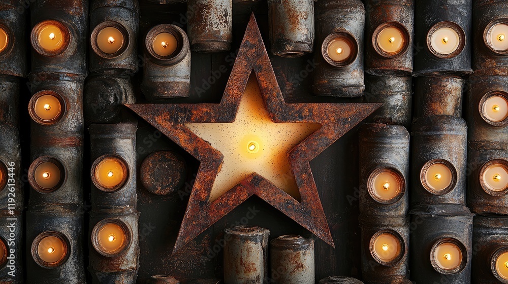 Poster candles arranged in casings forming a star shape illuminated against a rustic background creating a 