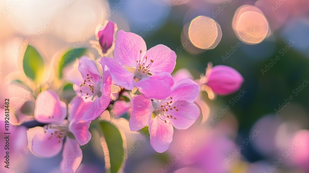 Poster soft pink blossoms surrounded by ethereal bokeh light creating a dreamy spring atmosphere in nature.