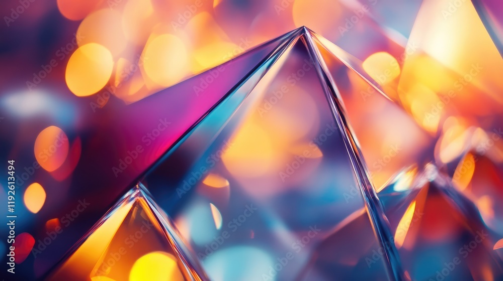 Poster elegant macro shot of triangular glass prisms creating stunning bokeh refractions in a modern still 