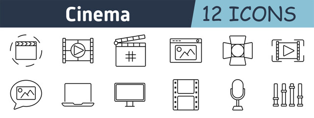 Cinema and production set icon. Clapperboard, video player, film roll, gallery, microphone, computer, stage lighting, monitors, editing tools