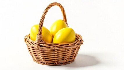 Yellow eggs lie in a wicker basket on a white background