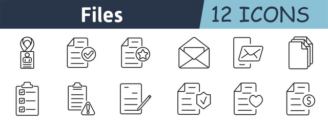 File management set icon. Documents, approval, starred files, emails, notifications, error lists, folder settings, clipboard data, download, verification