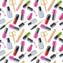 Watercolor pattern cosmetics for manicure. Nail polishes, files, scissors. White background. Watercolor illustration. For design, backgrounds