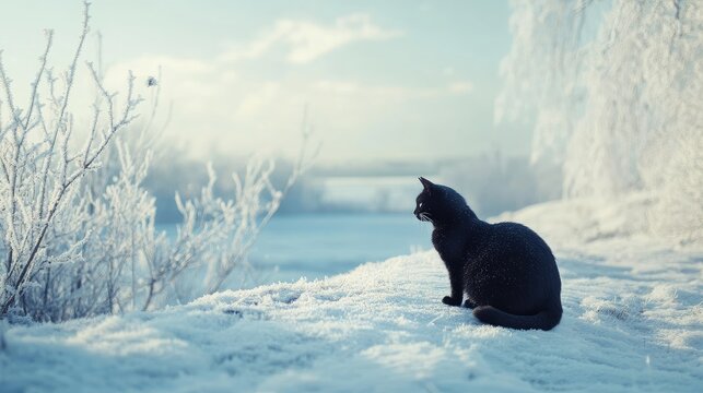 Black Cat Sitting in Serene Snowy Landscape with Frosty Trees and Clear Sky Perfect for Winter Themed Text Overlay - Powered by Adobe