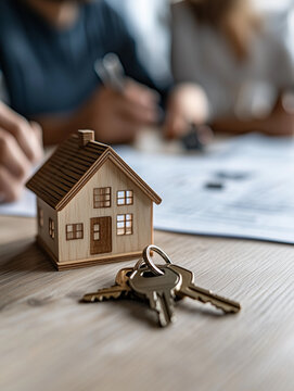 house model and keys and a couple in the background reviewing mortgage documents
