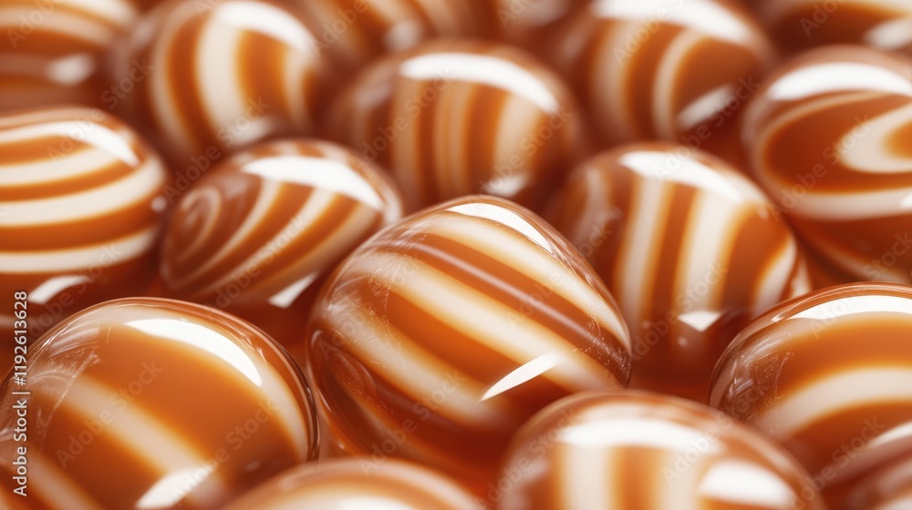 Poster caramel striped candy heap close up showcasing glossy texture and intricate design on a soft backgro