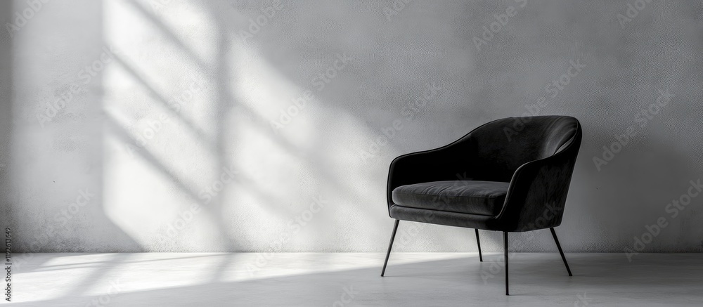 Poster modern black chair with cushion in minimalist interior against gray wall with shadow play and ample 