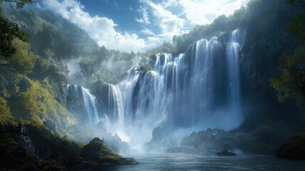 Fototapeta premium Majestic Waterfall Surrounded by Lush Greenery and Misty Atmosphere Under a Bright Blue Sky