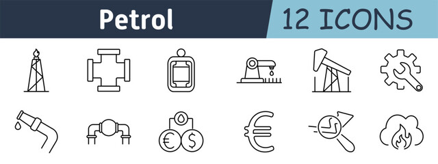 Petroleum production set icon. Oil rig, drilling equipment, pipelines, energy pricing, fuel processing, liquid transportation, engineering tools, refinery, oil market