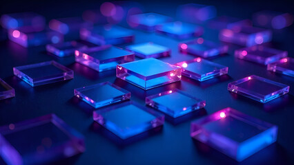 Abstract Background. A collection of blue and purple cubes is currently sitting on a table, creating an interesting arrangement of colors and forms