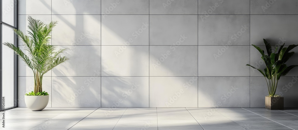 Aufkleber modern minimalistic interior with gray tiled wall and potted plants featuring ample copy space for t