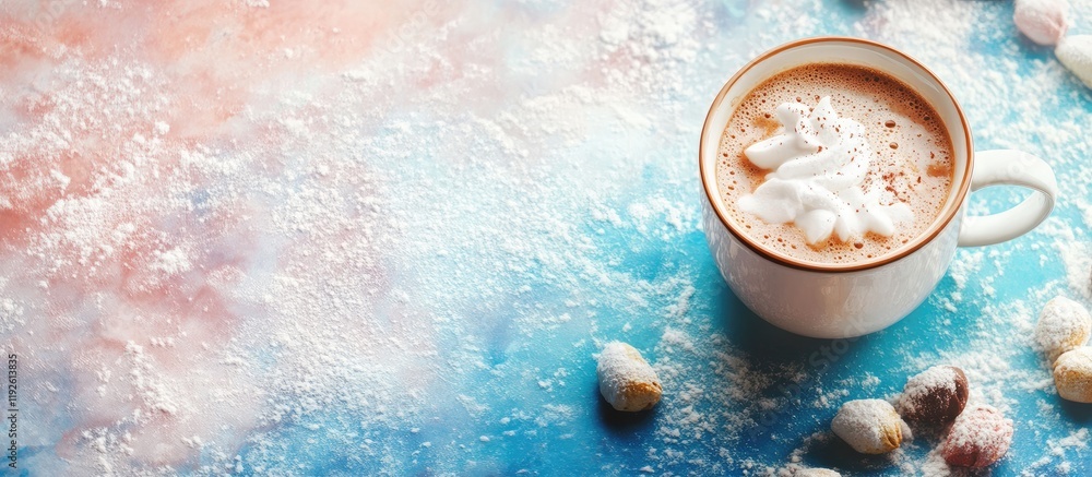 Poster cozy cup of cocoa on frosty background perfect for winter promotions warm drinks holidays festive em