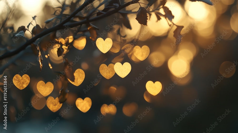 Poster romantic bokeh heart shapes glowing softly against a warm sunset background creating a dreamy and en