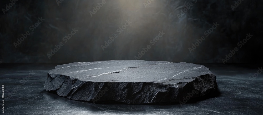 Poster Dramatic black stone display stand with spotlighting ideal for product showcases and animations featuring empty space for text placement