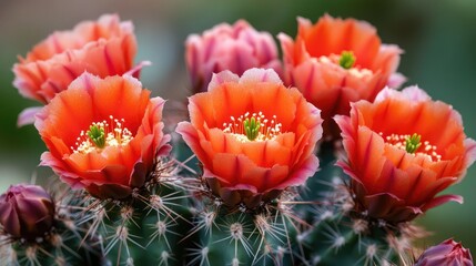 Claret cup cactus with vibrant orange flowers in full bloom showcasing desert beauty and intricate floral details.