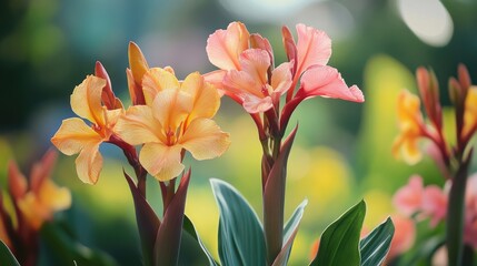 Fototapeta premium Canna Lily Blooms in Vibrant Colors Enhancing Roadside Beautification with Lush Green Foliage and Tropical Appeal