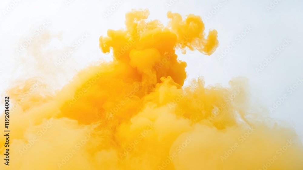 Poster vibrant yellow smoke billowing against a clean white background creating an ethereal and artistic vi