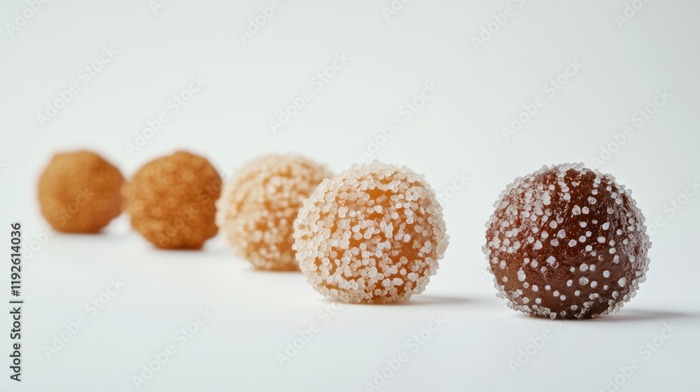 Poster Colorful candy balls with sugar coating arranged in a row on a white background showcasing a selective focus effect.