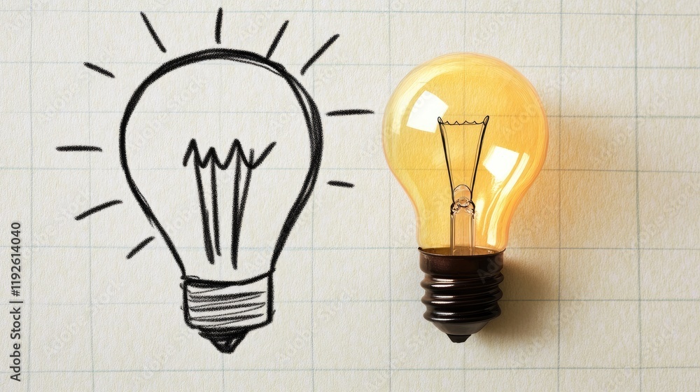 Poster business strategy development lightbulb concept with sketch and real lightbulb on grid paper backgro