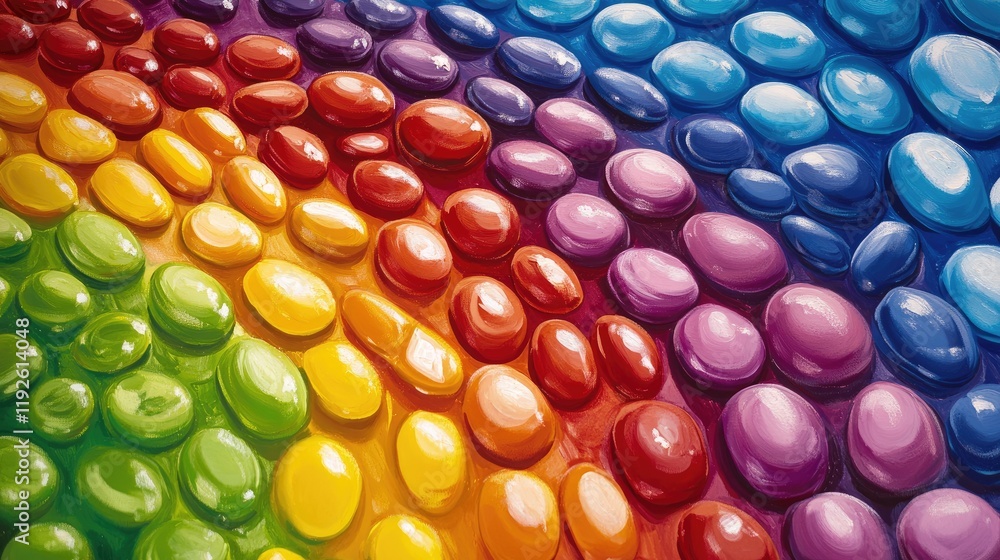 Poster colorful assortment of glossy candies arranged in a vibrant rainbow pattern creating a visually appe