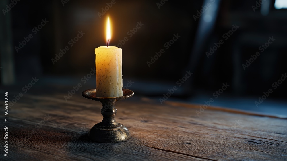 Aufkleber elegant candlelit scene with a glowing candle in a rustic holder on a wooden table creating a warm a