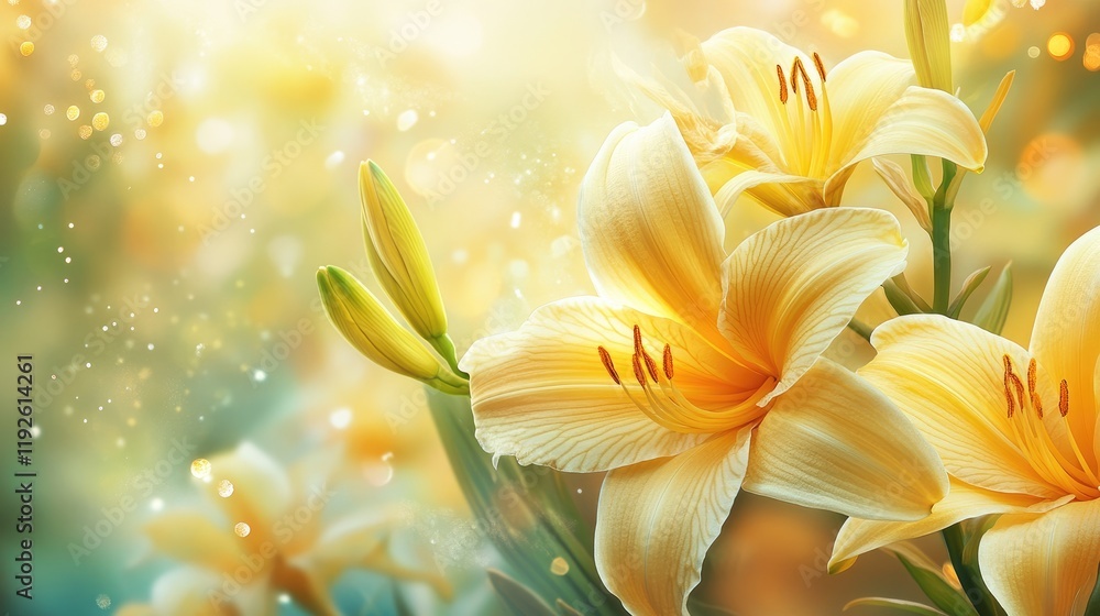 Poster Lively yellow lilies blooming in a serene garden setting with soft bokeh and warm light creating a magical atmosphere.