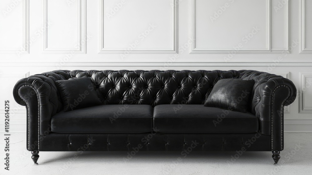 Aufkleber chic black budget sofa in minimalist empty room with elegant wall design and subtle lighting for mod